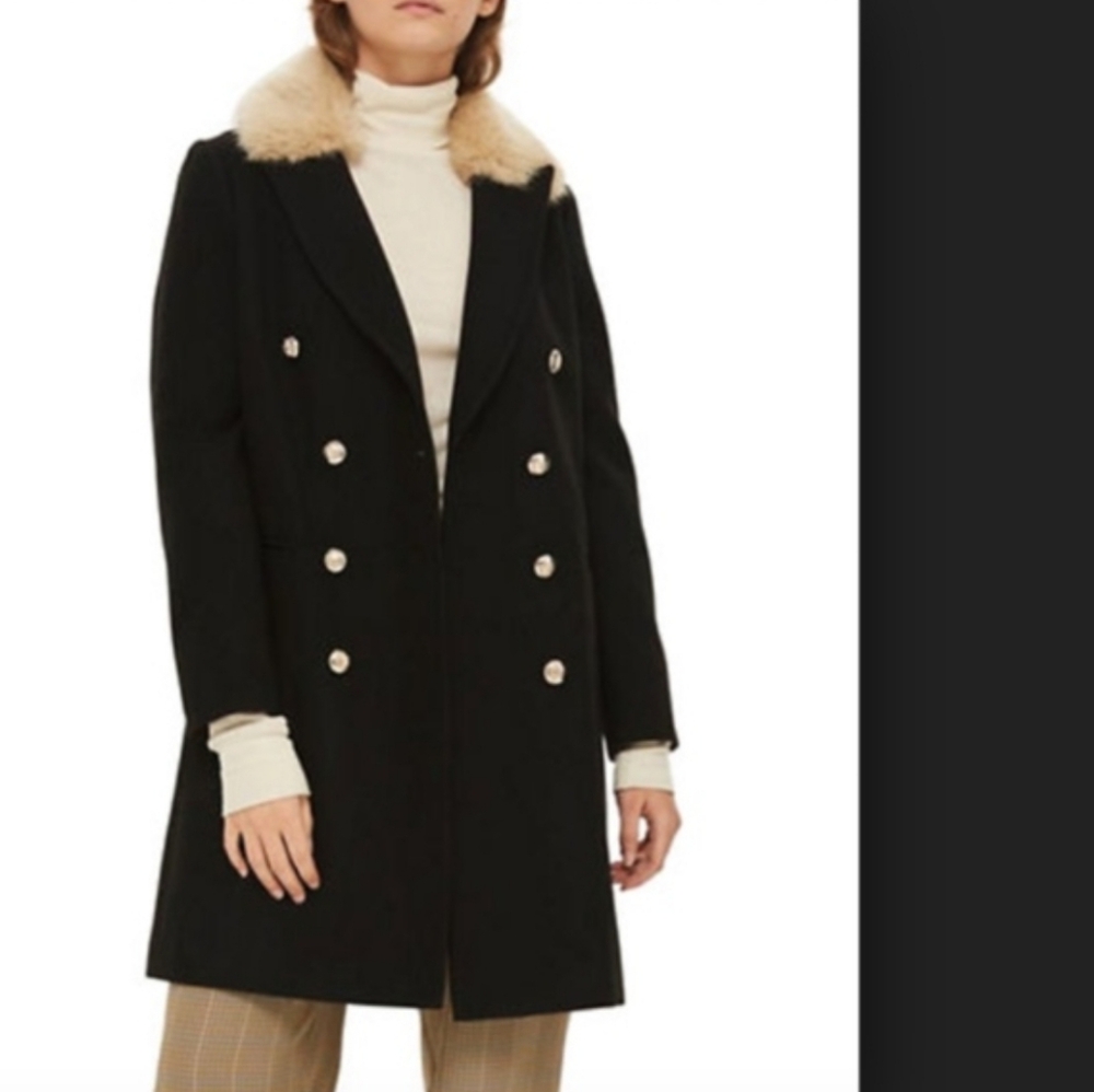 Topshop Nina Black Double-Breasted Slim Military Coat Faux Fur Collar Womens 4
